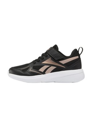 Sneaker atletica nera e beige con suola bianca, tomaia in mesh e sintetico, chiusura con lacci e strap con velcro e linguetta sul tallone.