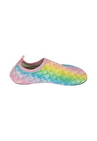 Bunte Slipper mit einem Farbverlaufsmuster in verschiedenen Rosa-, Blau-, Grün- und Gelbtönen, mit einem pinkfarbenen Akzent hinten.