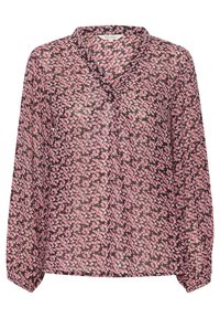 Schwarze Bluse aus durchsichtigem Stoff mit einem abstrakten Muster in Pink und Dunkelpink, mit V-Ausschnitt und langen, lockeren Ärmeln mit gerafften Bündchen.