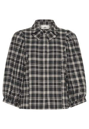 Plaid shirt in black and white with a collared neckline, button-down front, and puffed sleeves. Soft fabric with a textured pattern.