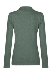 Bluza z długim rękawem w przygaszonej zieleni, wykonana z miękkiej dzianiny. Posiada prążkowany kołnierz i prosty dół, o minimalistycznym designie.