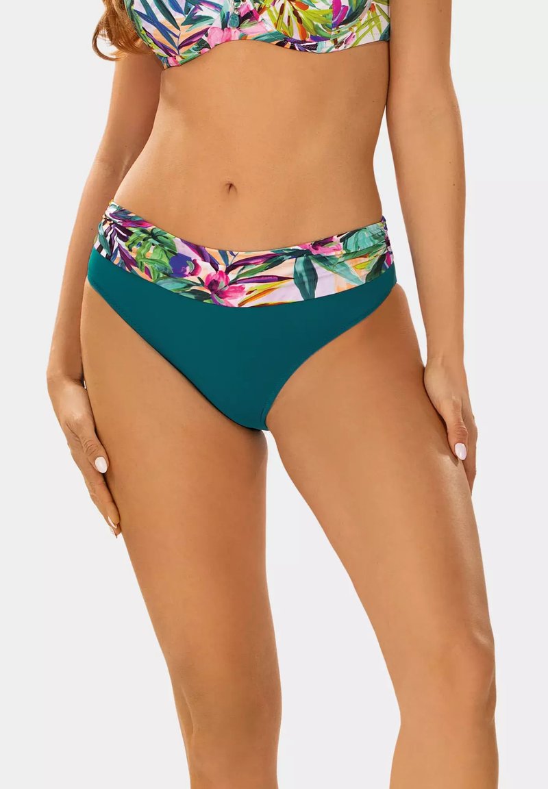 Bikini o nazwie "teal" z multikolorowym, tropikalnym paskiem w kwiaty. Gładka tekstura, wysokotaliowany krój i elastyczny materiał dla komfortu.
