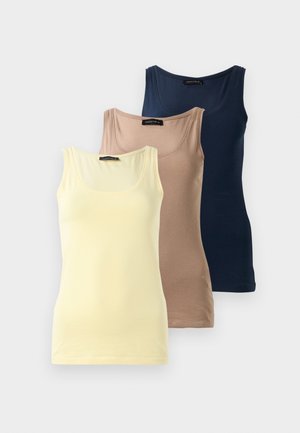 Trois débardeurs : un jaune pâle, un beige et un bleu marine foncé. Fabriqués en tissu doux avec un col arrondi et des bretelles fines.