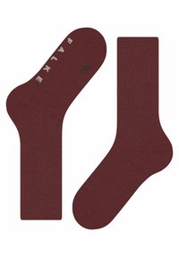 Chaussettes mi-mollet bordeaux avec une texture côtelée. Présentent un logo FALKE en gris clair sur le haut et une marque pour le pied droit en noir.
