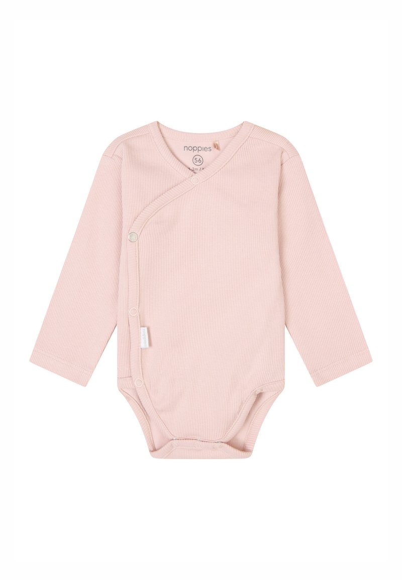 Rosa ribbad långärmad bodysuit med en korsad front och tryckknappar. Mjuk bomullsmaterial med en liten varumärkesetikett på sidan.