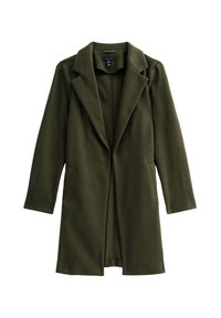Olivgrön ullblandad kappa med skräddarsydd krage, öppen front, långa ärmar och sidofickor. Mjukt material och slät yta.