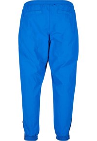 Blue lightweight pants made from a smooth, stretchy material. They feature an elastic waistband, two back pockets, and elastic cuffs.
