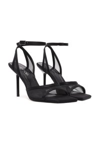 Zwarte stilettohakken met een mesh bovenzijde, open teen en enkelriempje. Het ontwerp heeft een slanke silhouet en een vierkante teenvorm.