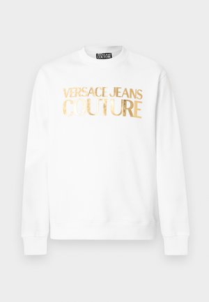 Bílá mikina s dlouhým rukávem se zlatým fóliovým potiskem loga "Versace Jeans Couture" na hrudi, s žebrovanými manžetami a lemem.