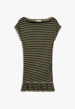 Polvipituinen mekko, jossa oliivi- ja mustat vaakaraitakuviot, lyhyet hihat, venepääntie ja kerätty röyhelöhelma.