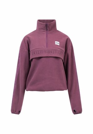 Sweatshirt en polaire violet foncé avec demi-fermeture éclair, col haut, bande côtelée arborant le texte "UNBORED ONBOARD" et poignets élastiques.