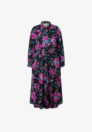 Blumenkleid aus schwarzem Stoff mit lebendigen rosa und türkisfarbenen Blumen, langen Ärmeln, Kragen mit Schleife und tailliertem Design.