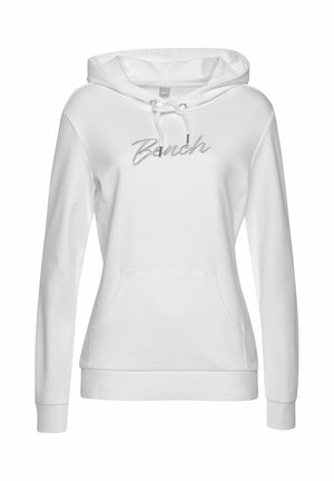 White hooded sweatshirt with front pocket and "Bench" embroidered in cursive on the chest, featuring drawstring hood and ribbed cuffs and hem.