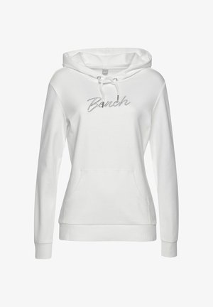 White hooded sweatshirt with front pocket and "Bench" embroidered in cursive on the chest, featuring drawstring hood and ribbed cuffs and hem.