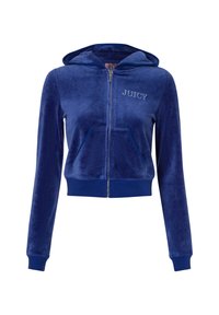 Felpa con zip blu realizzata in morbido tessuto di velluto, con tasca frontale, polsini a costine e un piccolo logo "JUICY" sul petto.