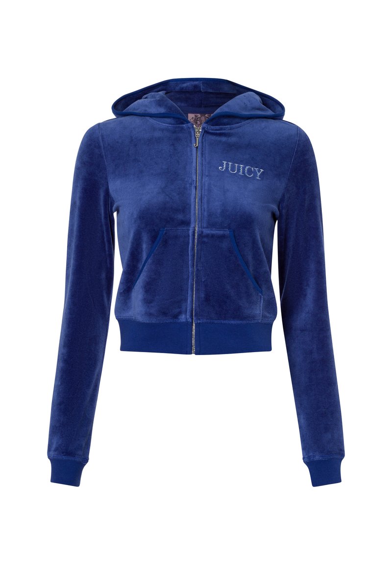 Felpa con zip blu realizzata in morbido tessuto di velluto, con tasca frontale, polsini a costine e un piccolo logo "JUICY" sul petto.