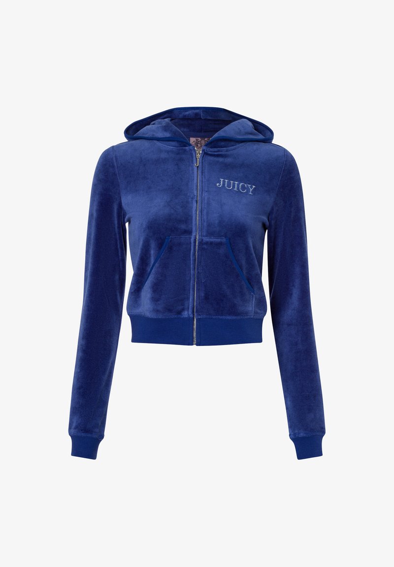 Felpa con zip blu realizzata in morbido tessuto di velluto, con tasca frontale, polsini a costine e un piccolo logo "JUICY" sul petto.