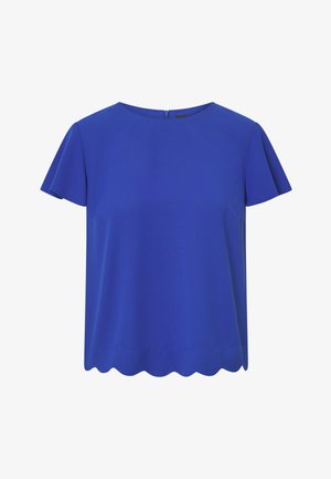 Sinine lühikeste varrukatega topp, mis on valmistatud siledast kangast, millel on laineline hemline ja ümmargune kaelus koos tagumise lukuga.