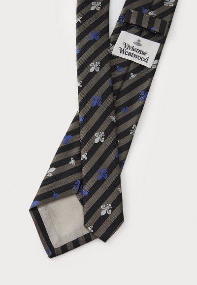 Corbata a rayas negras y grises con patrones azules y blancos. El material parece texturizado con un reverso suave. La etiqueta dice "Vivienne Westwood."