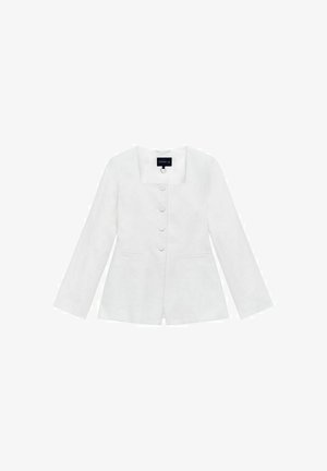 Hvid blazer med lange ærmer, firkantet udskæring, fem knapper ned foran og to sidelommer. Tekstureret stof for ekstra detalje.