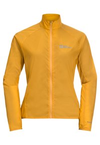 Giacca leggera gialla con colletto alto, zip frontale, maniche lunghe e logo sul petto. Tessuto liscio e texturizzato.