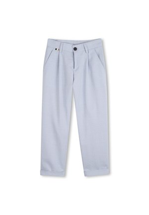 Light blue trousers made of textured fabric with a button closure, side pockets, and rolled cuffs. Features a contrasting stripe on the pocket.