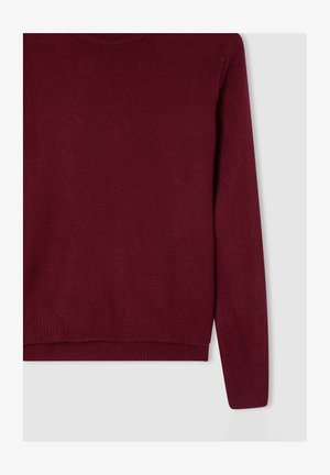 Burgundowy sweter wykonany z dzianiny, z okrągłym dekoltem, długimi rękawami, ściągaczami na rękawach i u dołu, o gładkiej fakturze i jednolitym kolorze.