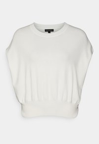 Krátký rukáv, slonovinově bílý svetr s kulatým výstřihem, elastickým pasem a žebrovanou texturou. Měkký, volný střih s hladkým povrchem.