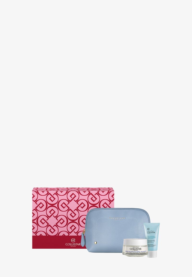 Coffret cadeau avec boîte rose à motifs, pochette zippée bleu clair, pot de crème hydratante et tube de masque facial de Collistar Milano.