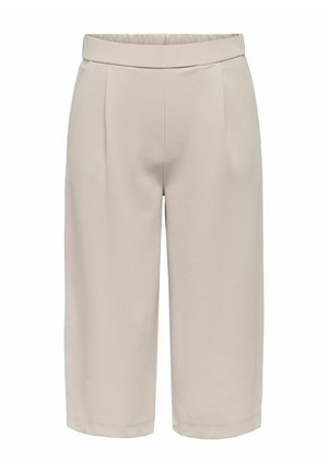Svetlo béžové skrátené nohavice s širokými nohavicami, vyrobené z hladkého materiálu, s elastickým pásom a prednými záhybmi pre dodatočný dizajnový prvok.
