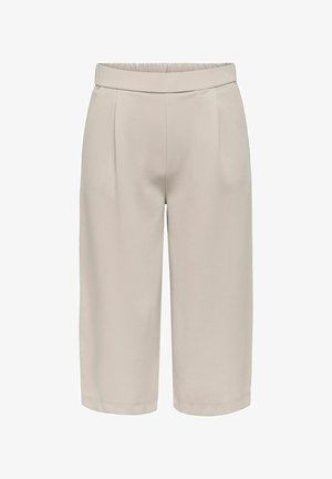 Gai beige krāsas īsie bikses ar platu piegriezumu, izgatavotas no gludas tekstūras, ar elastīgu jostu un priekšējiem krokiem papildu dizaina detaļu nodrošināšanai.