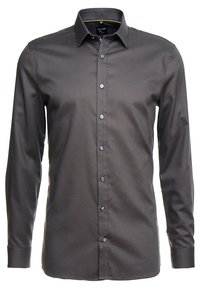 Ciemnoszara koszula z długim rękawem, kołnierzykiem zapinanym na guziki, gładkim materiałem i pięcioma guzikami z przodu, z kontrastującymi detalami szwów.