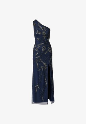 Navyblaues Abendkleid mit einer Schulter, bestickt mit silbernen, floralen Pailletten und einem hohen Schlitz vorne am Oberschenkel.