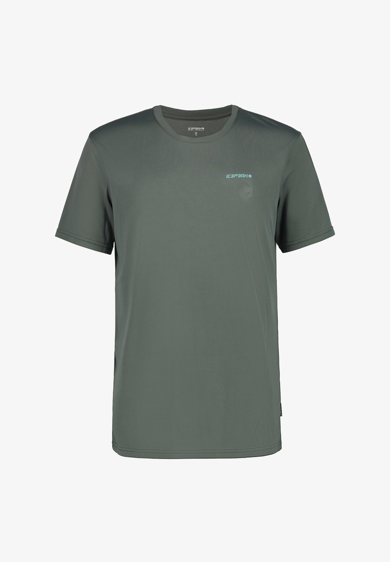 Grön t-shirt med kort ärm i ett lätt och andningsbart tyg med en texturerad yta. Har en rundad halsringning och en subtil logotyp på bröstet.