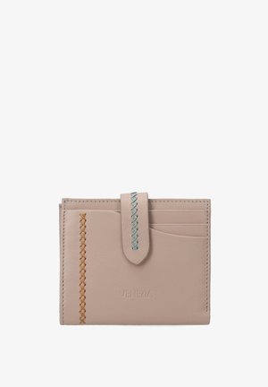Beige Lederbörse mit einem Druckknopfverschluss. Verfügt über dekorative Nähte in Orange und Türkis. Mehrere Kartenfächer auf der Vorderseite.