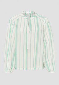 Blouse légère avec des rayures verticales en vert menthe et blanc, col montant, patte de boutonnage et manches bouffantes avec poignets élastiques.