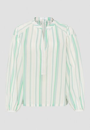 Blouse légère avec des rayures verticales en vert menthe et blanc, col montant, patte de boutonnage et manches bouffantes avec poignets élastiques.
