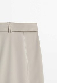Jupe beige avec une large ceinture et des passants, présentant une couture verticale sur un fond blanc uni.