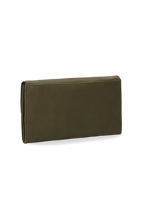 Olive green leather wallet, rectangular shape, smooth texture, stitched edges, and a fold-over design without visible closures or hardware.