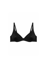 Černá podprsenka s hladkým materiálem, minimalistickým designem, zakřivenými košíčky a tenkými nastavitelnými ramínky s výřezy po stranách.