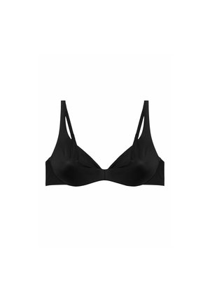 Black bra featuring a smooth fabric, a minimalist design, curved cups, and thin adjustable straps with cutouts on the sides.