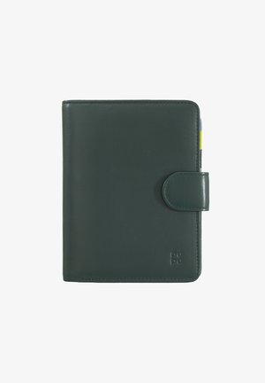 Dark green leather notebook cover with a smooth texture. Features a button closure and visible stitching, logo embossed on the lower corner.