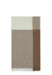 Textile featuring a rectangular design with sections in cream, light brown, and dark brown. Soft texture with fringe detailing at the edge.