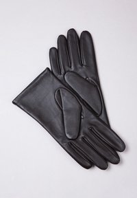 Black leather gloves with a smooth texture, featuring five fingers and a soft inner lining. The design includes subtle stitching details.