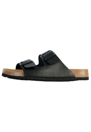 Sandalo in pelle nera con due cinghie regolabili, soletta in sughero, suola in gomma e un design piatto. Adatto per l'abbigliamento casual.