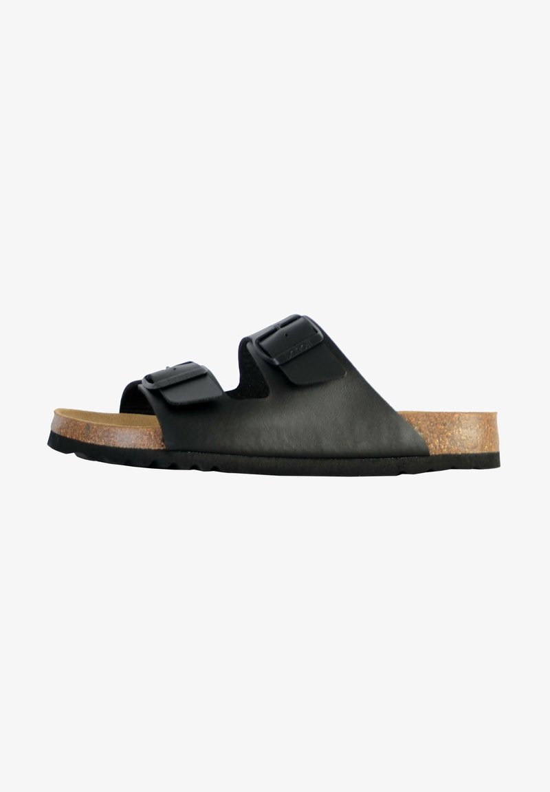 Sandale en cuir noir avec deux brides ajustables, semelle en liège, semelle en caoutchouc et un design plat. Convient pour un usage décontracté.