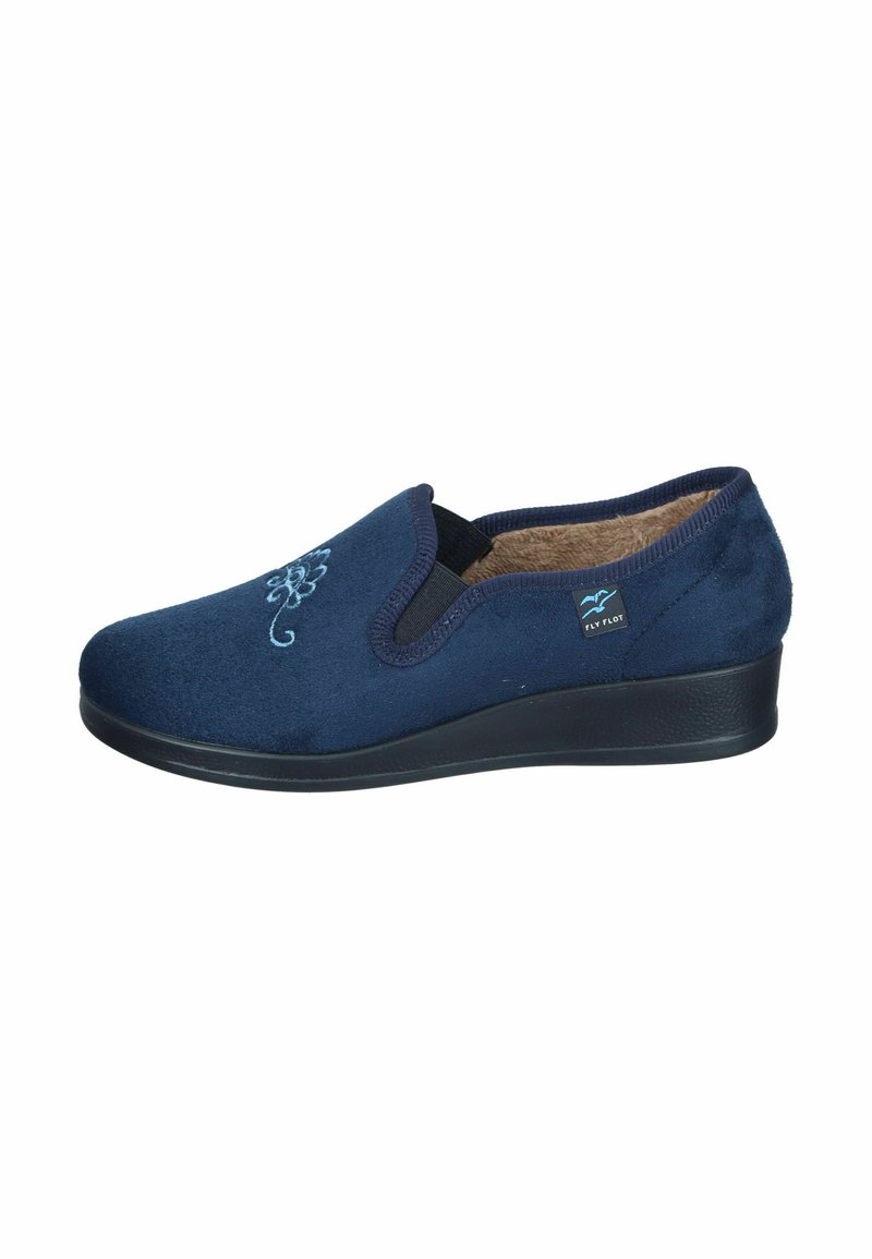 Navy blue slip-on slipper with embroidered floral detail, elastic side panel, cushioned interior, and low wedge sole for comfort.
