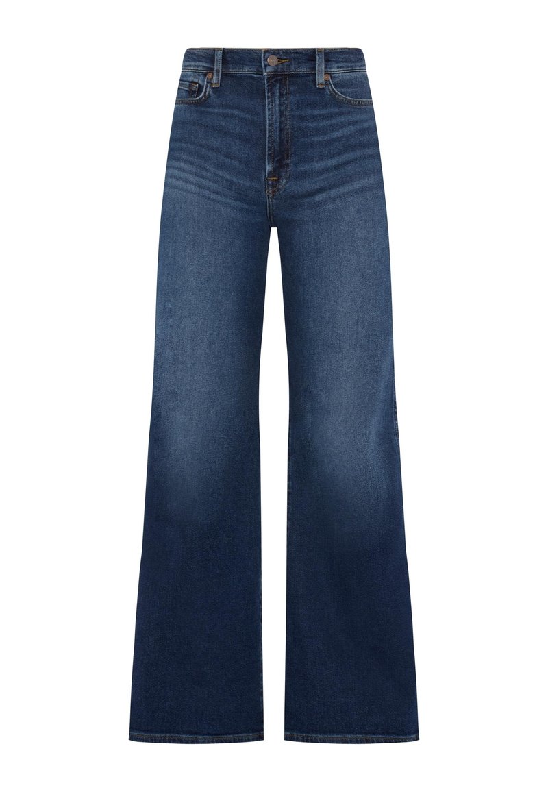 Wijde jeans van donkerblauwe denim. Hoge taille, schone afwerking, zonder versieringen. Gladde textuur met subtiele vervaging bij de dijen.