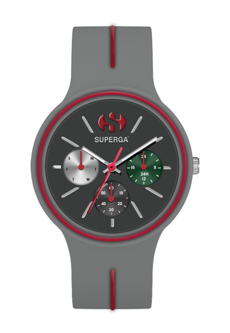 Orologio in silicone grigio con quadrante grigio scuro, dettagli rossi, tre sotto-quadranti e funzionalità cronografo in argento, verde e nero.