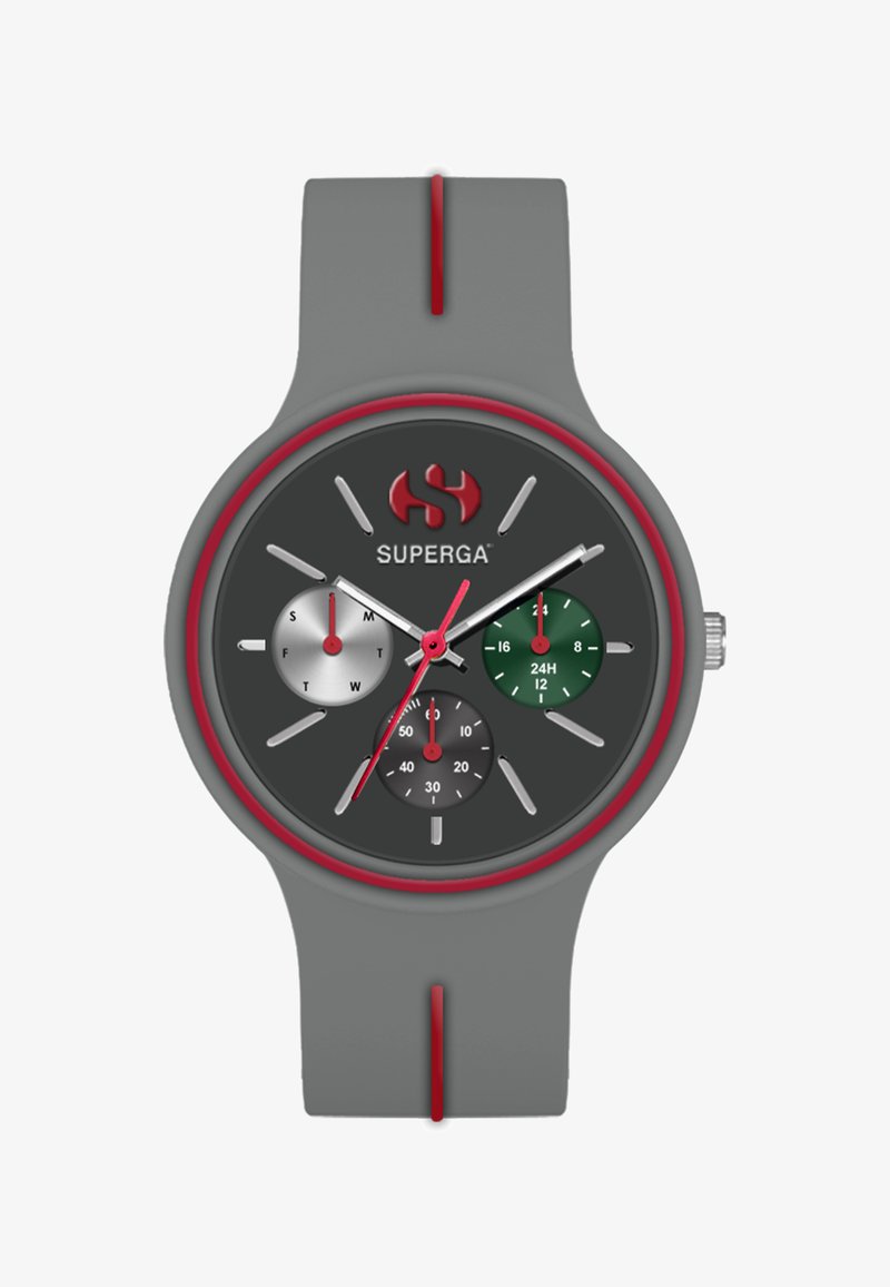 Grau silikonuhr mit einem dunkelgrauen Zifferblatt, roten Akzenten, drei Ziffernblättern und silbernen, grünen sowie schwarzen Chronographen-Details.